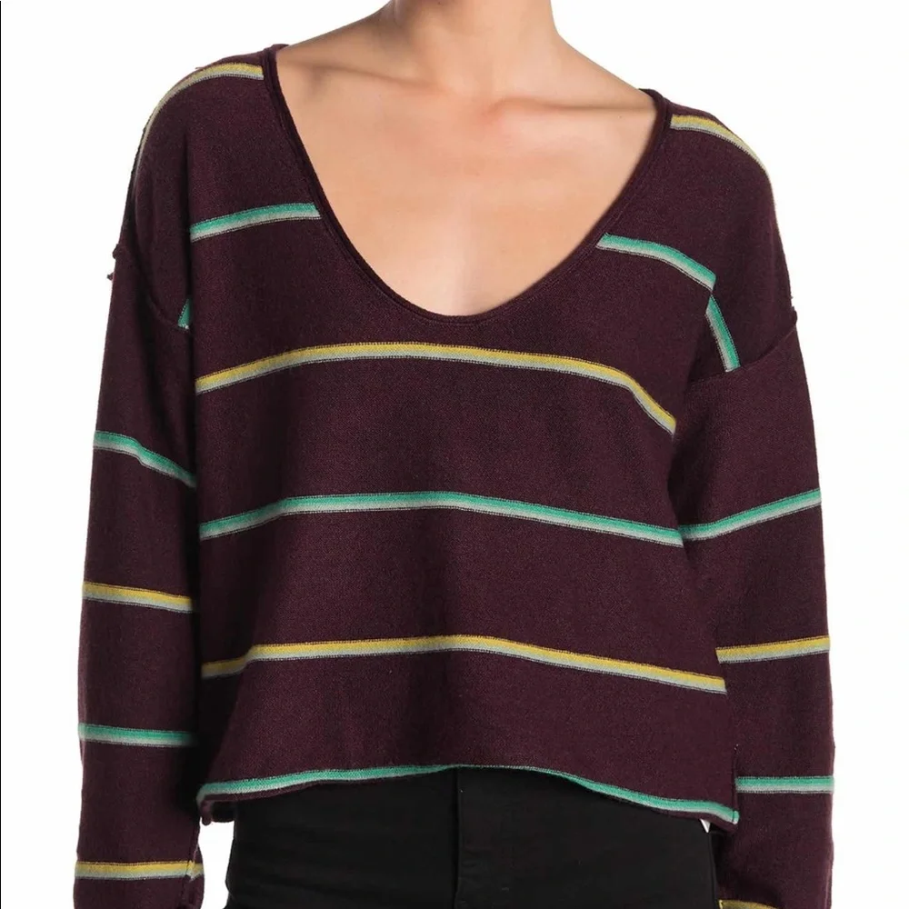 FREE PEOPLE Make You Mine Plum Burgundy Preppy Stripe Crop Sweater, LARGE $128